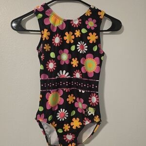GK ELITE AXS Simone Leotard Gymnastics Dance Flower Power Black Colorful